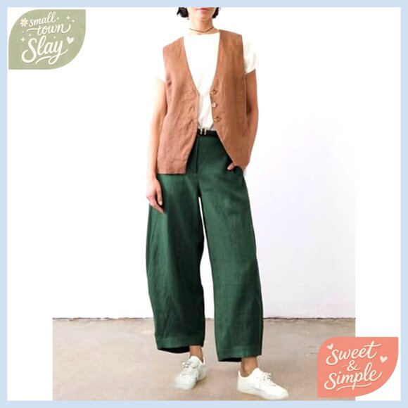 Wide Leg Linen Capri Pants Elastic Waist Casual Beach Trousers - Picture 4 of 7